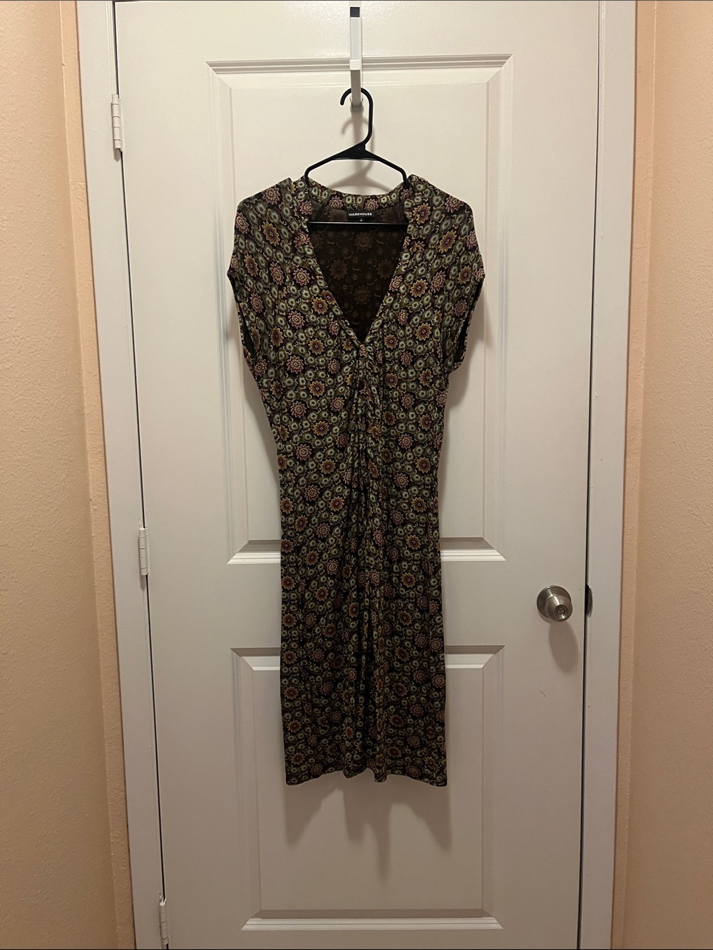 Warehouse Olive Floral Tie-Front Midi Dress